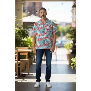 KS Island Men's Blue Palm + Red Floral Tropical Hawaiian Camp Shirt Size 5XL